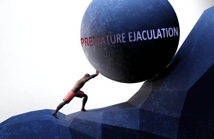 Premature ejaculation as a problem that makes life harder - symbolized by a person pushing weight with word Premature ejaculation to show that it can be a burden, 3d illustration.