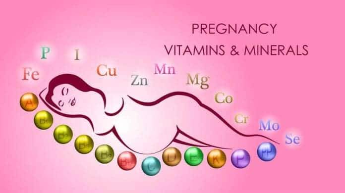 ILLUSTRATION OF PREGNANT WOMAN. VITAMINS AND MINERALS.