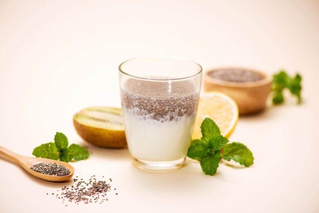 39090774 healthy breakfast with chia pudding in glass