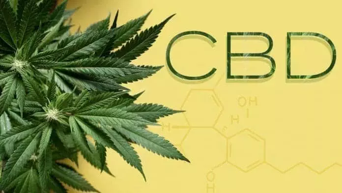 CBD in text and cannabidol formula with marijuana plant with space for text